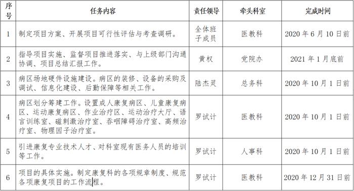 太阳成集团tyc4633院领导班子建设巩固提升年决战决胜项目 暨康复医学科建设方案推进清单